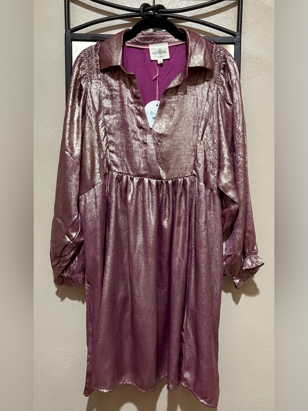 NWT Umgee Metallic Mauve Pink Collared Party Dress Size M